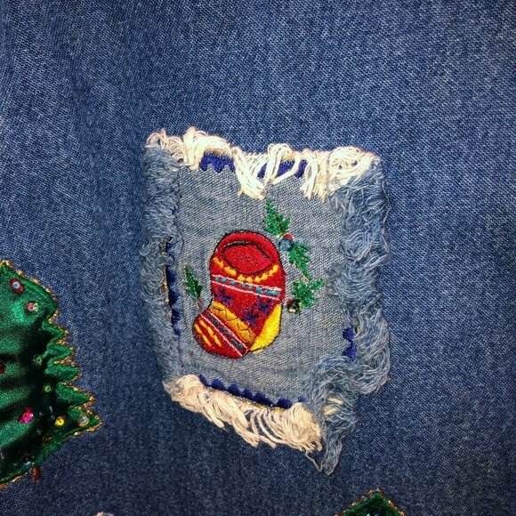 Vintage New Direction Womens Large Blue Button Up Christmas Holiday Denim Jacket - Picture 7 of 10